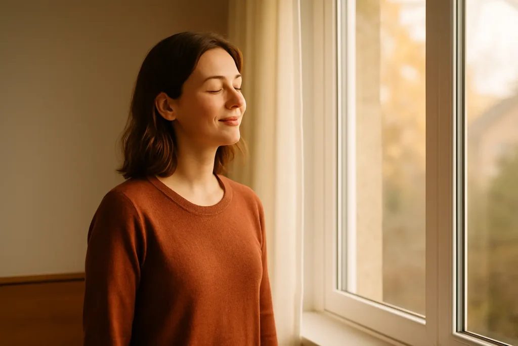 Personne debout près d’une fenêtre, lumière du matin douce