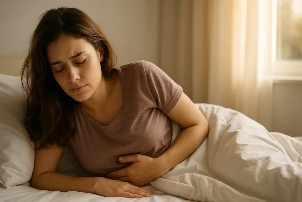Personne qui se réveille dans un lit, main posée sur le ventre, expression fatiguée mais douce.