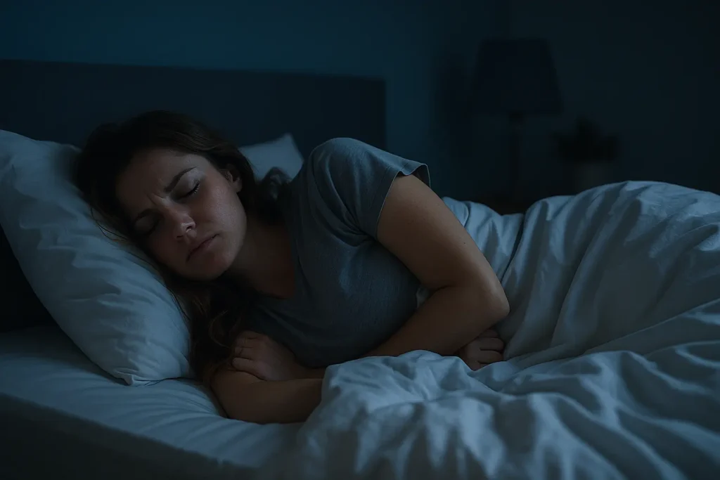 Personne dormant dans un lit, lumière nocturne, posture agitée