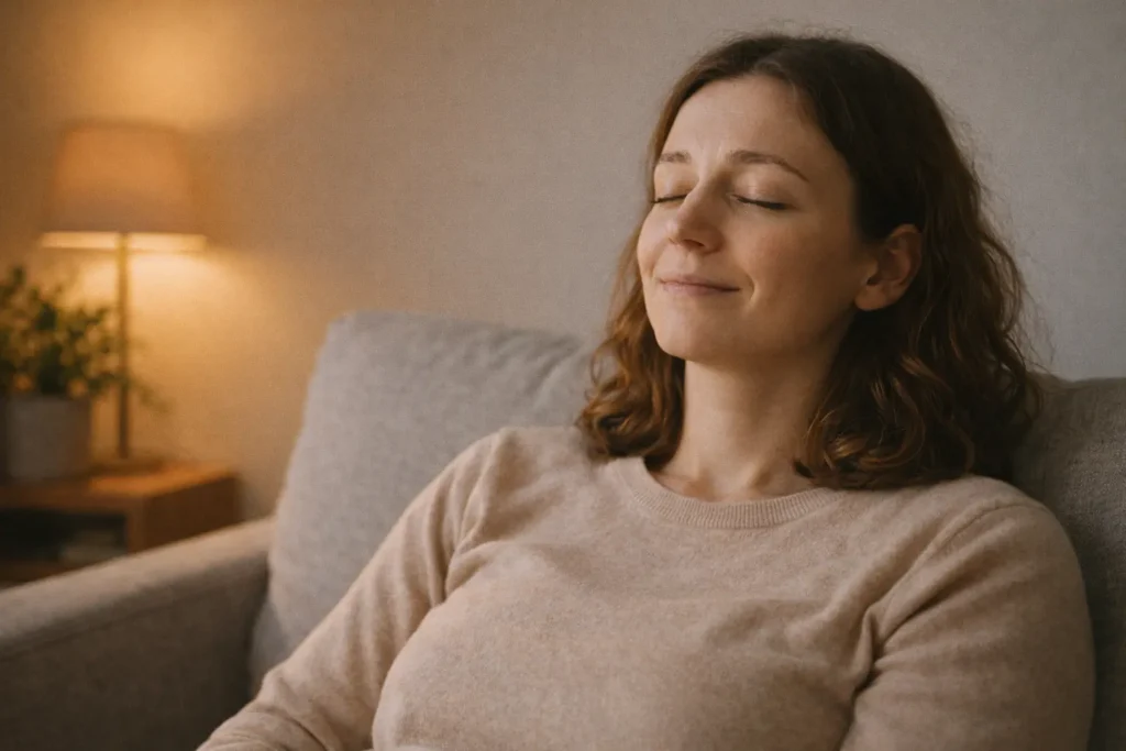 Personne détendue, expression apaisée, posture relâchée