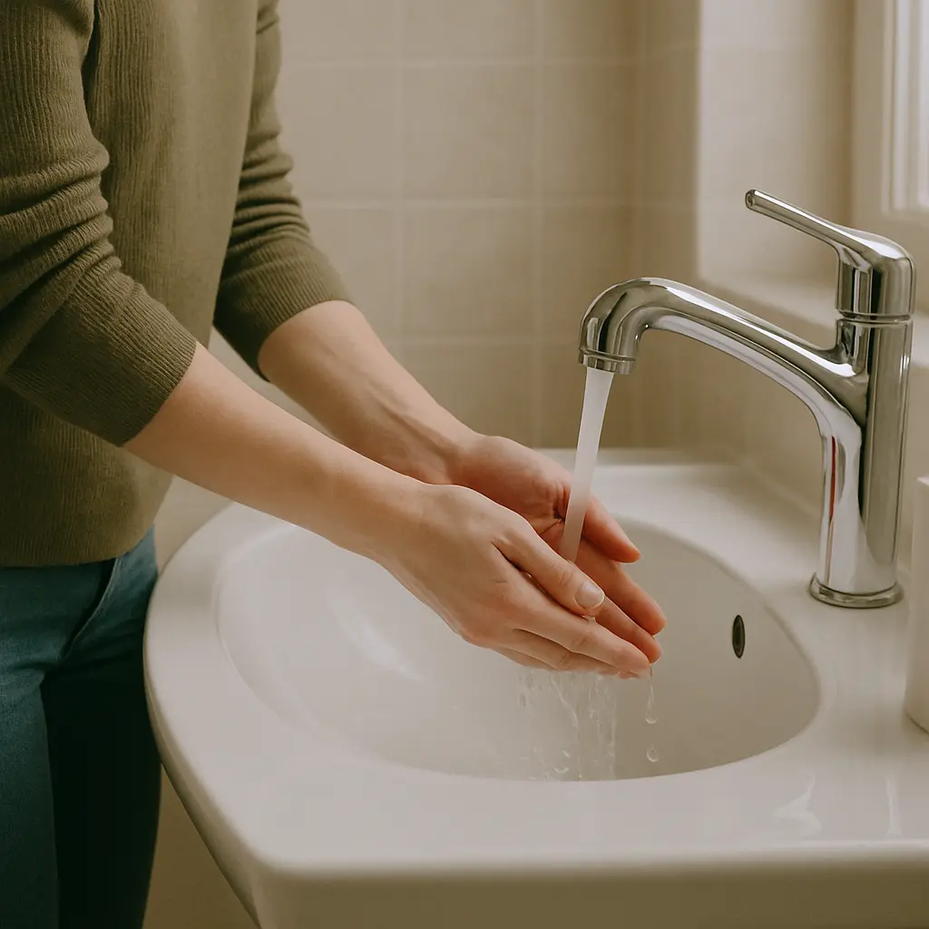 Une personne passant doucement ses mains sous l’eau froide dans une salle de bain lumineuse et réaliste