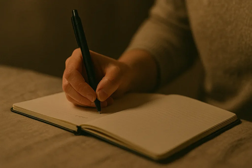 Gros plan doux d’une main qui écrit une note sur un carnet