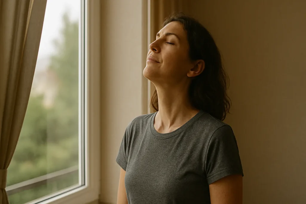 Personne respirant profondément près d’une fenêtre, lumière naturelle douce
