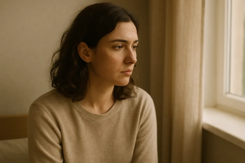 La même femme, assise près d’une fenêtre, regard tourné vers l’extérieur.