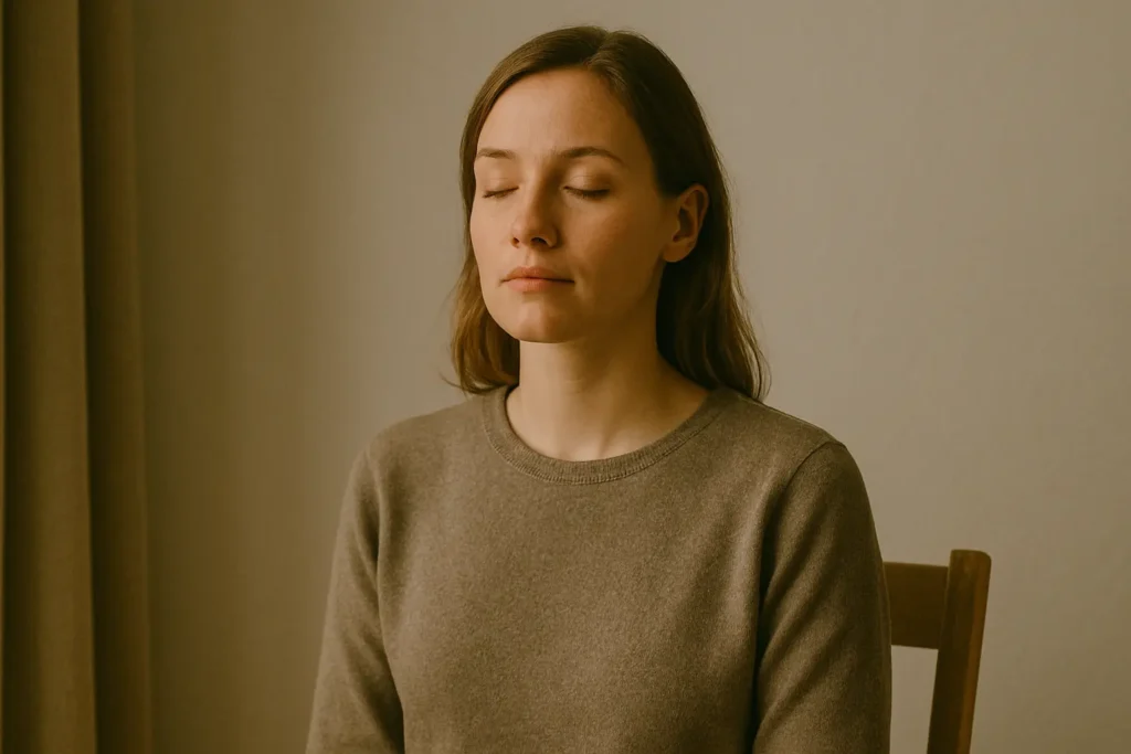 Une personne assise calmement, yeux fermés ou demi-ouverts, lumière douce sur le visage, posture stable.