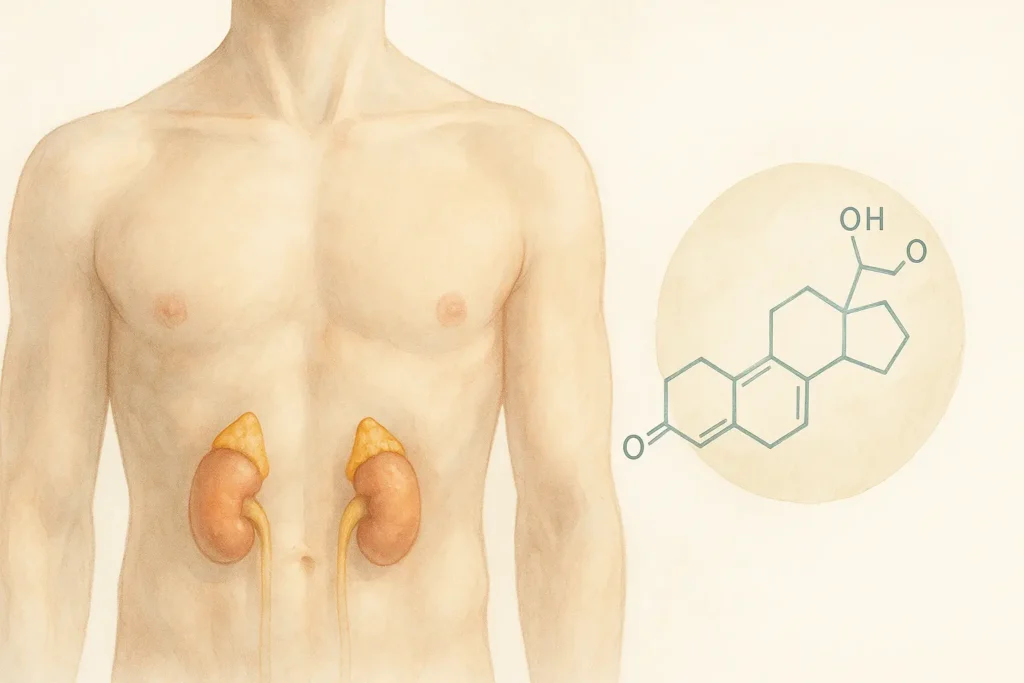 llustration réaliste du corps humain avec mise en avant subtile des glandes surrénales ou d’un schéma stylisé du cortisol