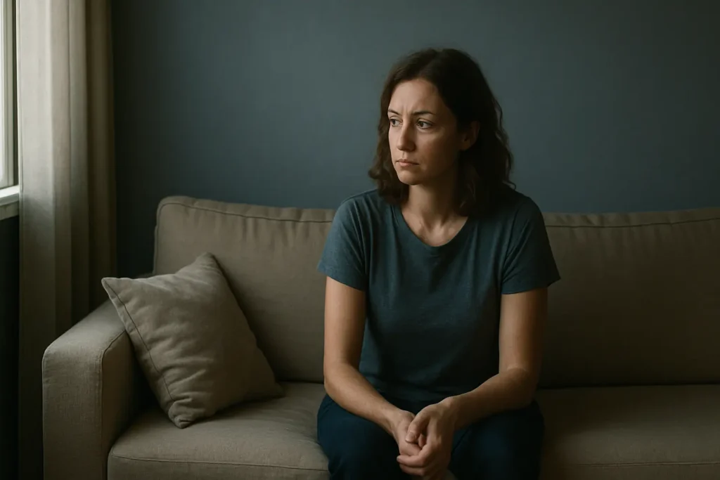 Personne seule dans une pièce calme, regard pensif