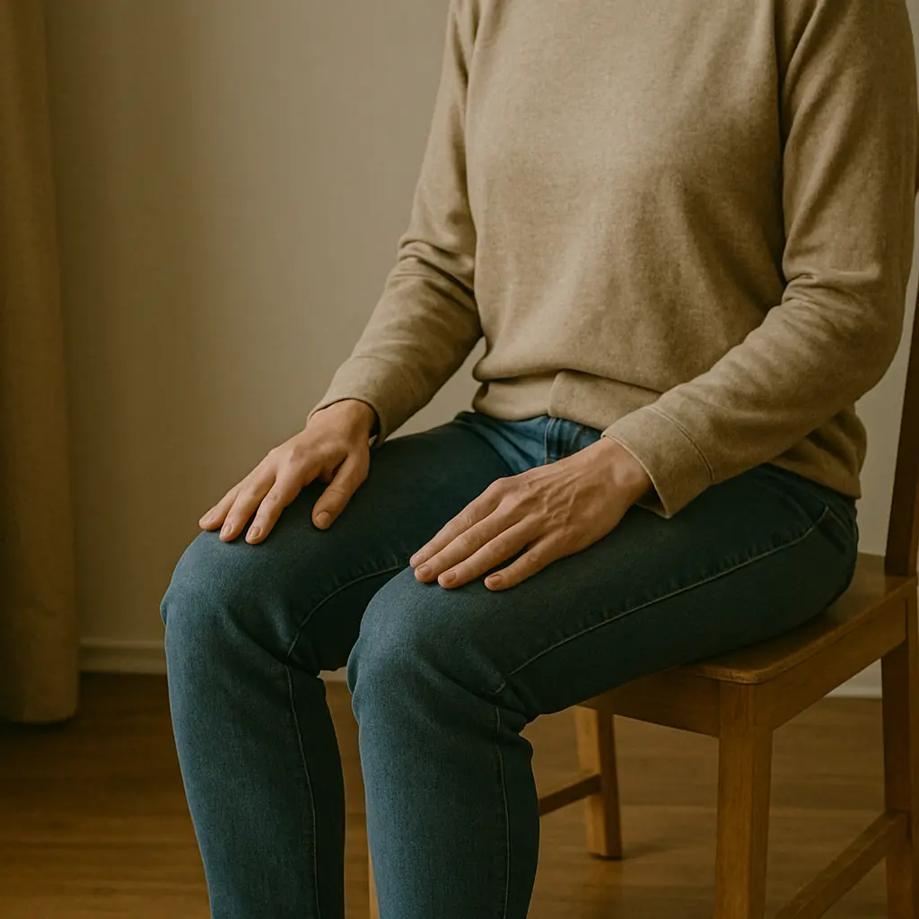Une personne assise, pieds bien au sol, mains posées sur les cuisses, posture ancrée