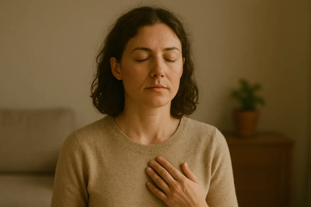 La même femme, assise dans un espace calme, yeux fermés ou demi-clos, posture de respiration