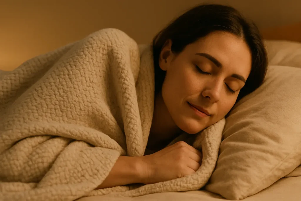 une personne sous une couverture, lumière douce, sentiment de sécurité et de relâchement.