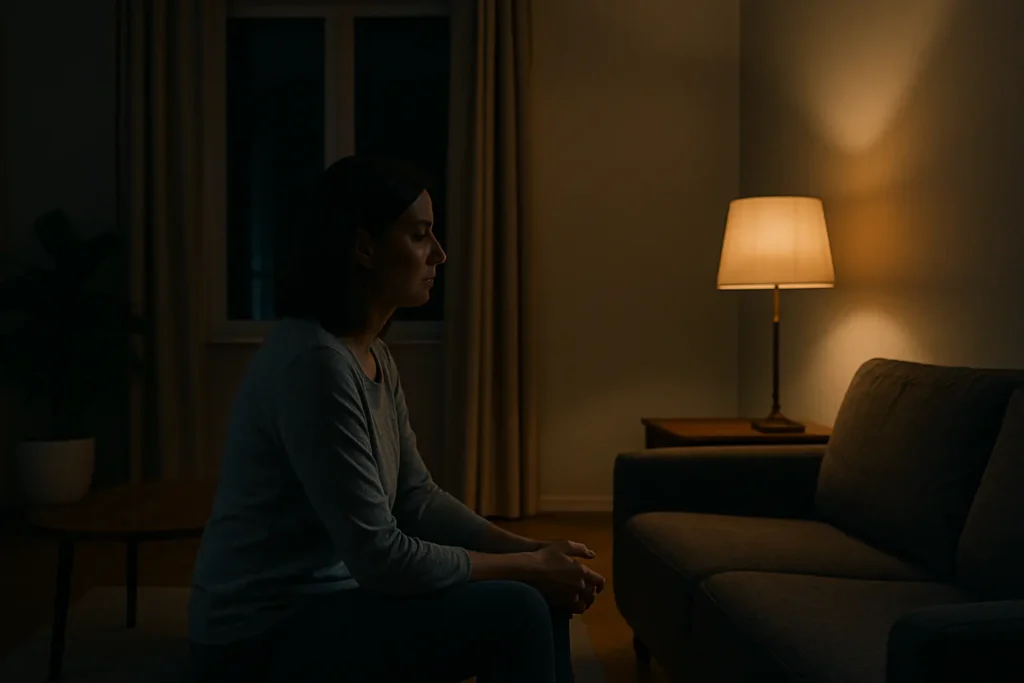 Scène intérieure calme, une personne seule dans une pièce silencieuse