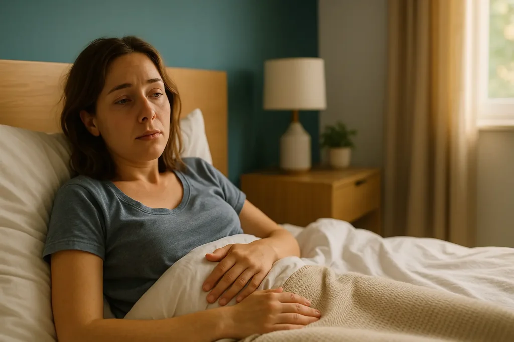 Plan large d’une femme allongée dans un lit dans une chambre moderne et lumineuse.