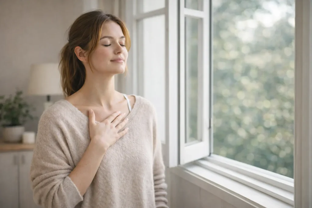 Personne respirant calmement près d’une fenêtre pour apaiser une émotion intense.