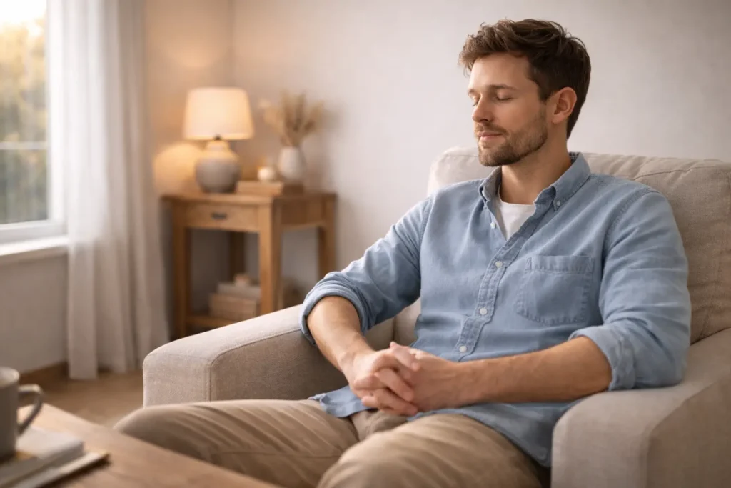 Personne dans un intérieur chaleureux, symbolisant le retour à l’apaisement après une peur d’abandon déclenchée par le silence.