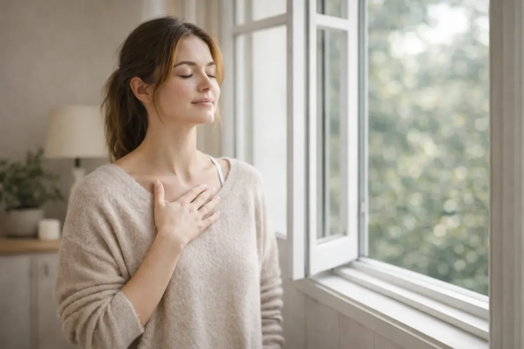 Personne respirant calmement près d’une fenêtre pour apaiser une émotion intense.