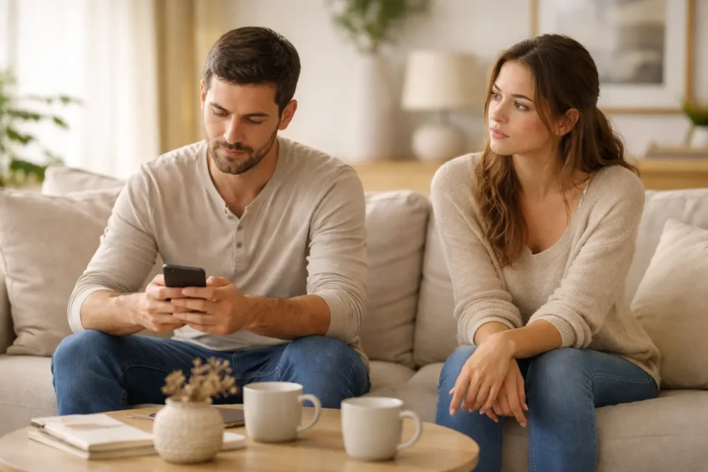 Couple assis dans un salon, une légère distance émotionnelle perceptible.