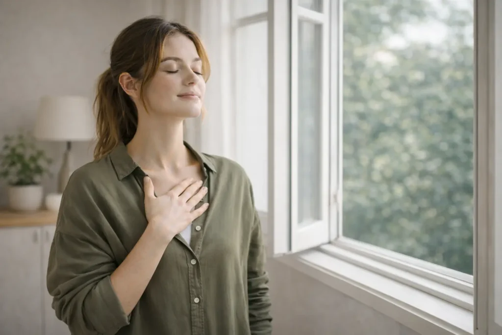 Personne respirant calmement près d’une fenêtre, illustrant l’apaisement après un silence émotionnel.