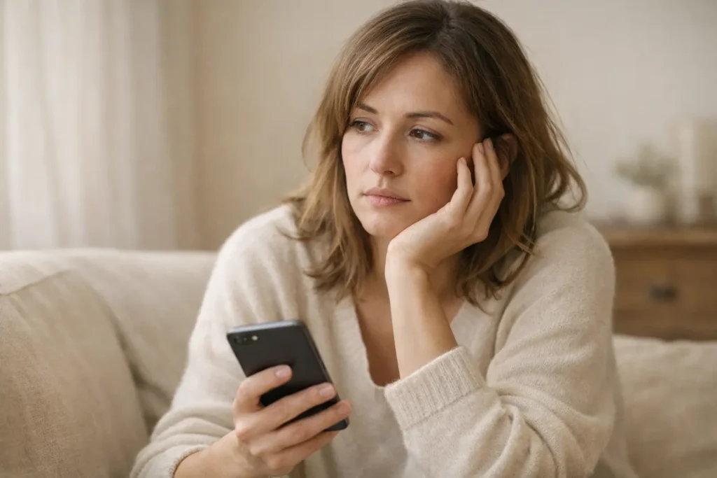 Personne inquiète tenant un téléphone dans un moment de silence relationnel.