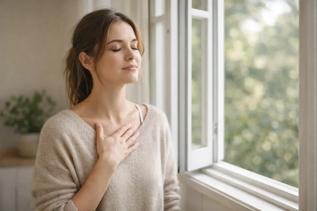 Femme respirant calmement près d’une fenêtre pour apaiser une émotion intense.