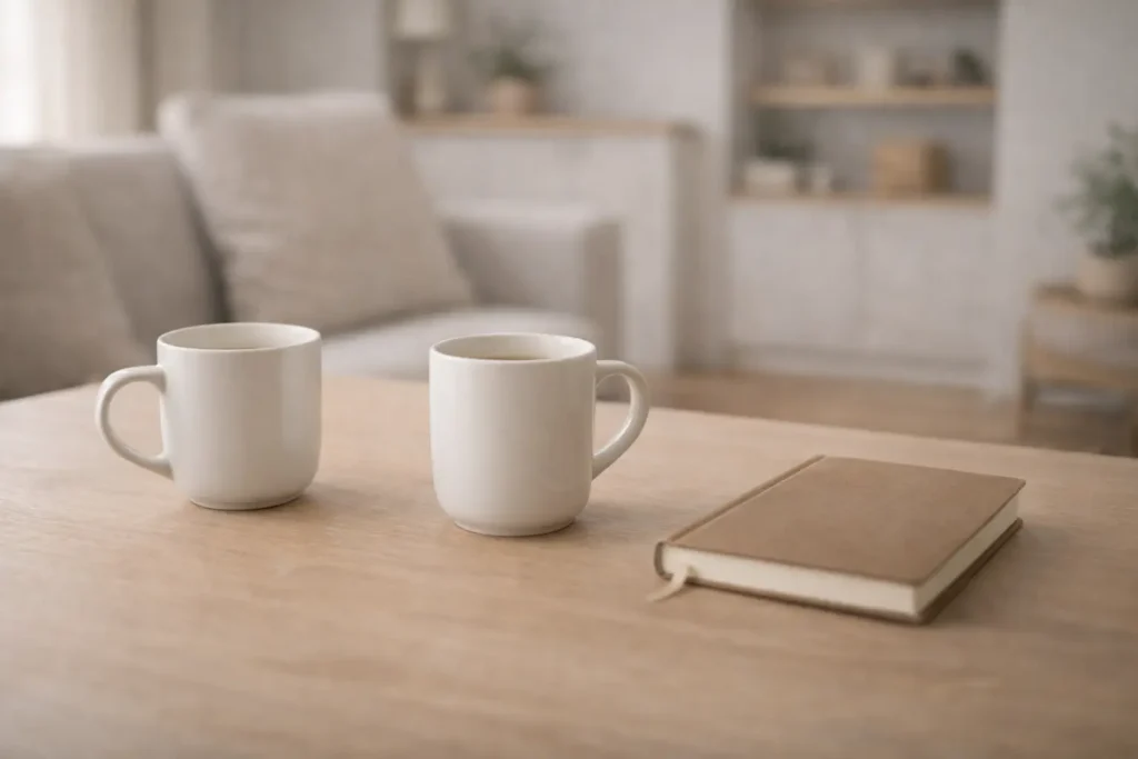 Deux objets légèrement décalés sur une table, représentant l’incertitude liée au silence borderline.