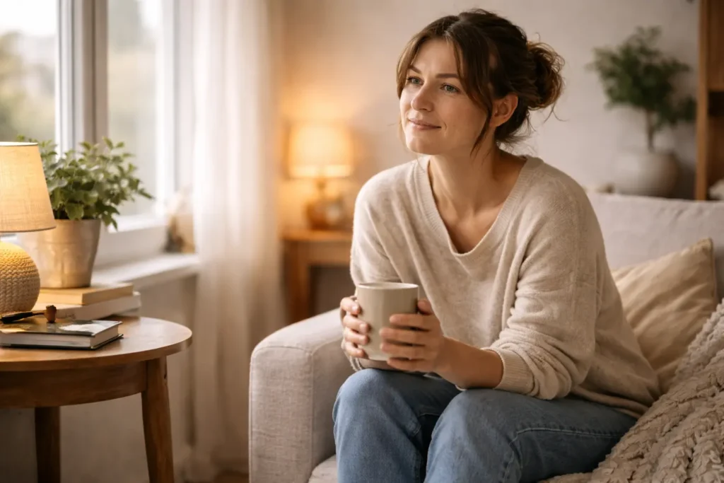Image douce d’une personne calme dans un environnement lumineux, illustrant une approche apaisante face au renfermement soudain.