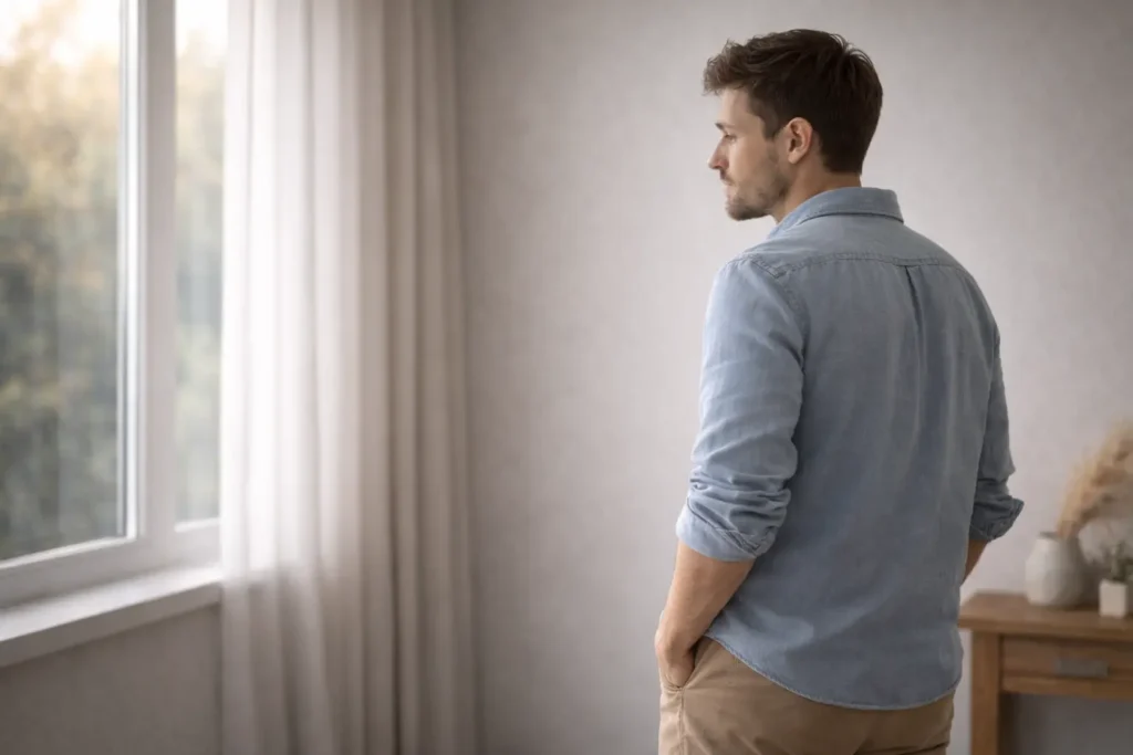 Silhouette calme près d’une fenêtre, illustrant un retrait qui peut ressembler à du désintérêt.