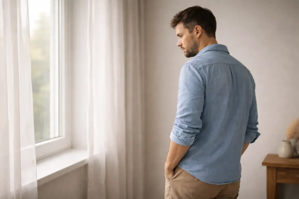Silhouette calme près d’une fenêtre, illustrant un besoin soudain d’isolement chez une personne borderline.