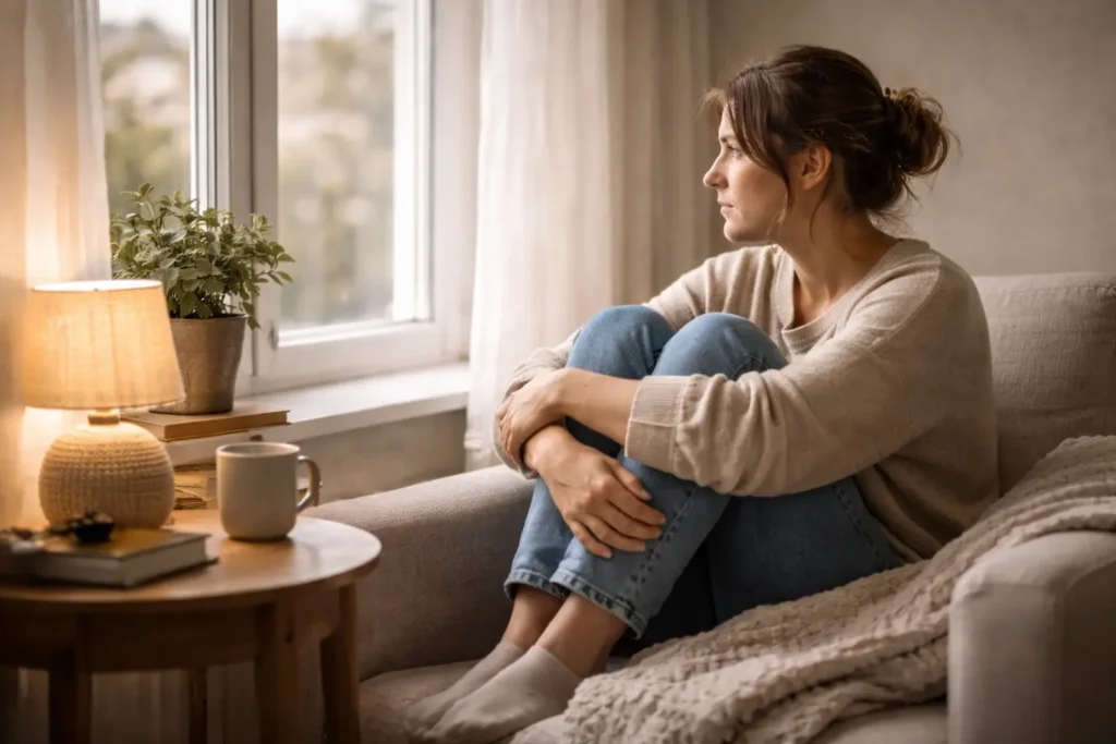 Personne assise près d’une fenêtre dans un moment de retrait émotionnel.