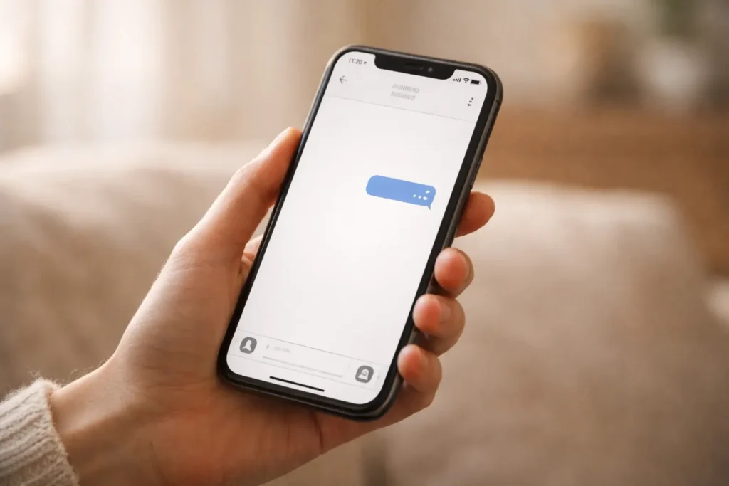 Main tenant un téléphone affichant un message sans réponse.