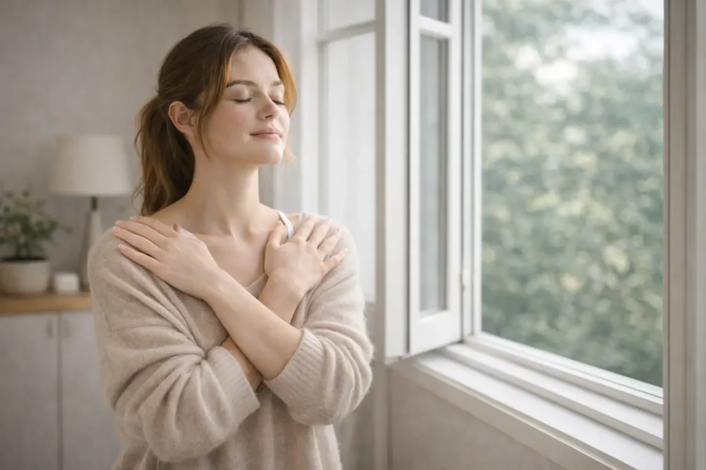 Personne respirant calmement près d’une fenêtre pour retrouver son apaisement après un débordement émotionnel.