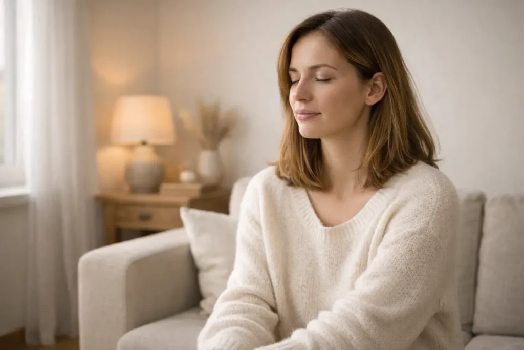 Personne calme dans un intérieur lumineux, illustrant un retour à la stabilité après une coupure émotionnelle.