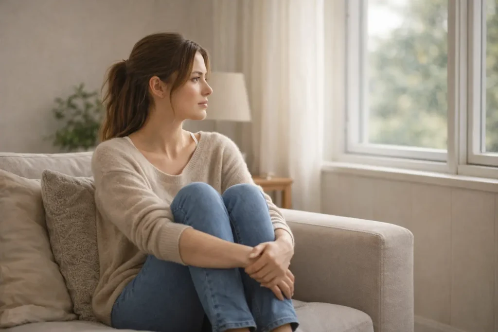 Personne assise seule près d’une fenêtre dans un moment de retrait émotionnel.