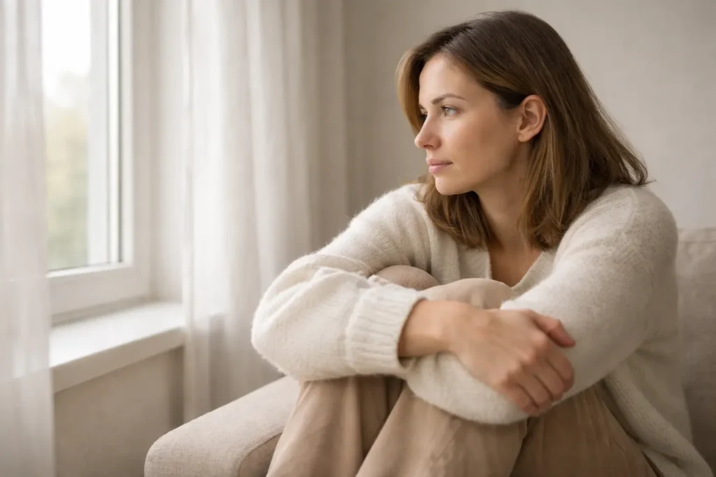 Personne assise près d’une fenêtre dans un moment de retrait émotionnel après une dispute légère.