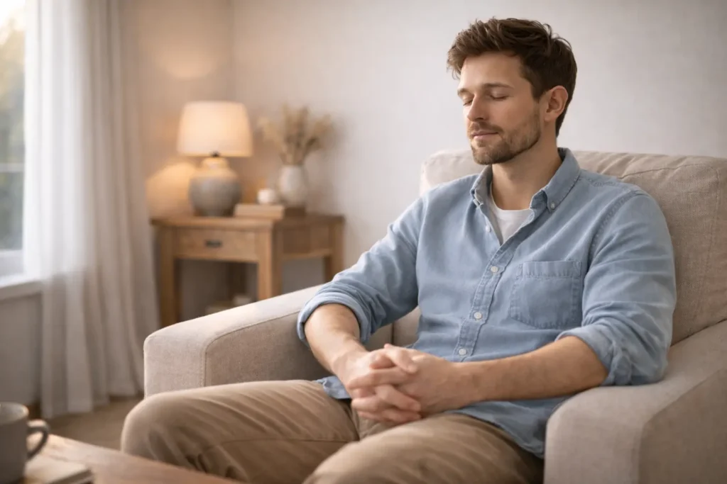 Personne calme dans un intérieur chaleureux, symbolisant la différence entre surcharge émotionnelle et désintérêt.