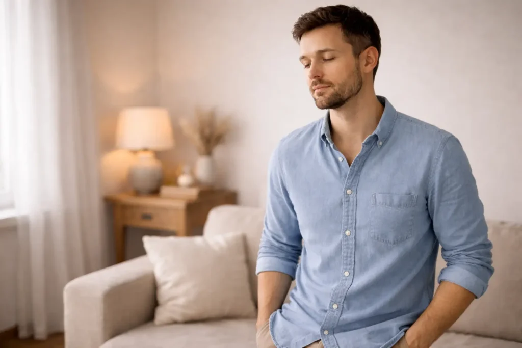 Personne calme dans un intérieur lumineux, symbolisant un retour à l’apaisement après un moment de disparition émotionnelle.