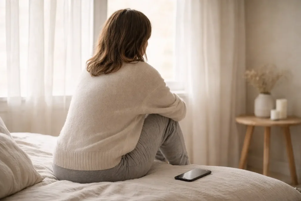 Personne assise près d’une fenêtre pendant un moment de silence avec son partenaire.