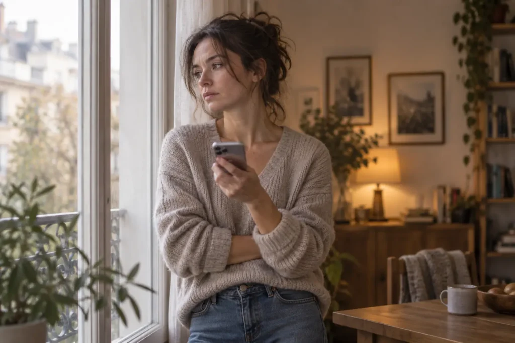 Personne regardant son téléphone près d’une fenêtre