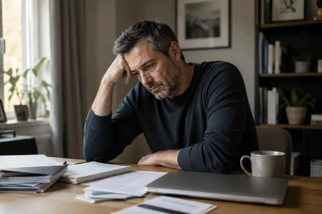 Homme adulte confronté au poids des conséquences accumulées dans son quotidien